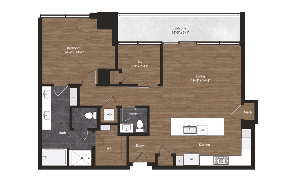 PH-1B - 1 bedroom floorplan layout with 1.5 bathroom and 1159 square feet