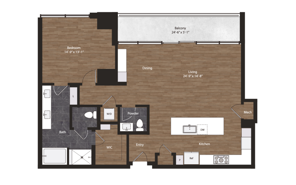 PH-1A - 1 bedroom floorplan layout with 1.5 bathroom and 1159 square feet